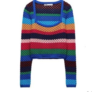 Zara Sweater Womens Small Multicolor Knit Crochet Striped Square Neck Cropped